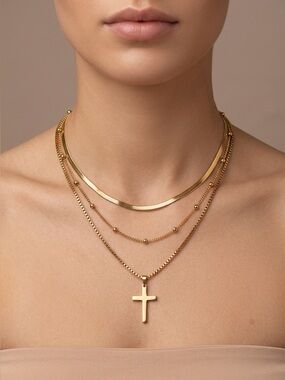 802. Stainless steel three layer cross necklace